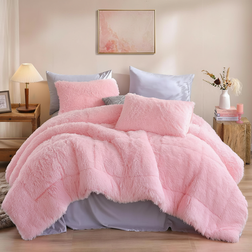 Smoofy Fluffy Queen Comforter Set, Faux Fur Pink Comforter Set Queen Size, Luxury Fuzzy Bedding Set, Soft Shaggy Bed Set Pink for All Season, 3 Pieces - 1 Comforter & 2 Pillowcases